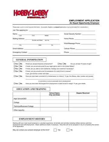 Hobby Lobby Application Form Preview