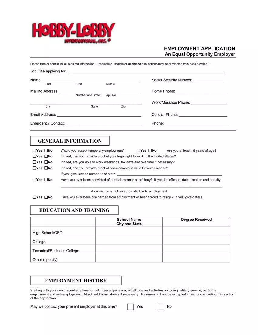 Hobby Lobby Application Form first page preview