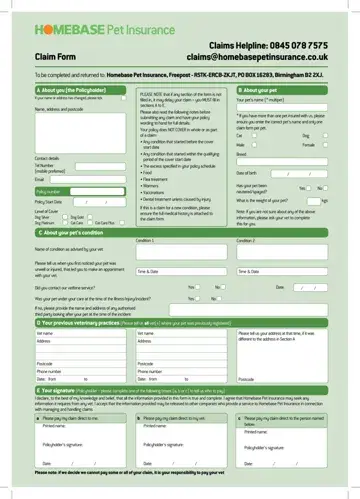 Homebase Pet Insurance Claim Form Preview