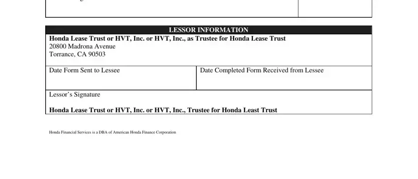 odometer lease Account Number Lessees Signature, Date of Statement, Honda Lease Trust or HVT Inc or, LESSOR INFORMATION, Date Form Sent to Lessee, Date Completed Form Received from, Lessors Signature, Honda Lease Trust or HVT Inc or, and Honda Financial Services is a DBA blanks to complete