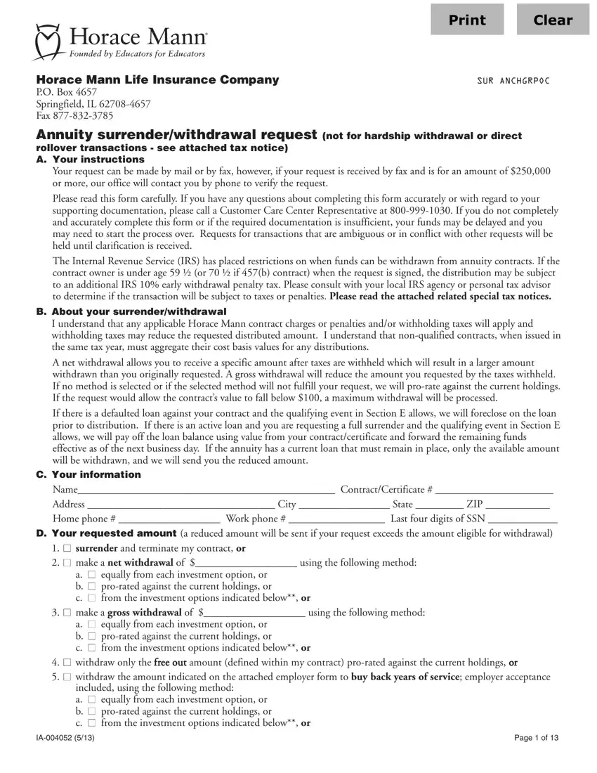 Horace Mann Annuity Surrender Form first page preview