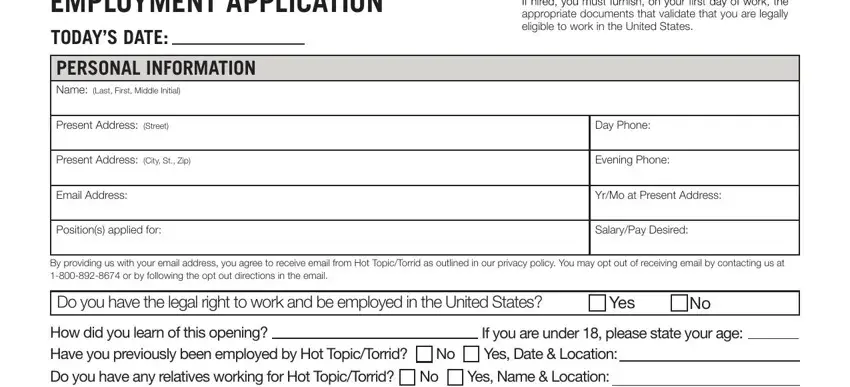 example of empty fields in hot topic employment app