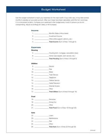 Household Budget Worksheet Form Preview