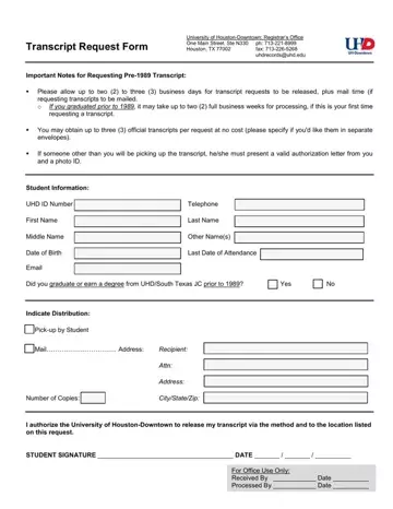 Houston Transcript Request Form Preview