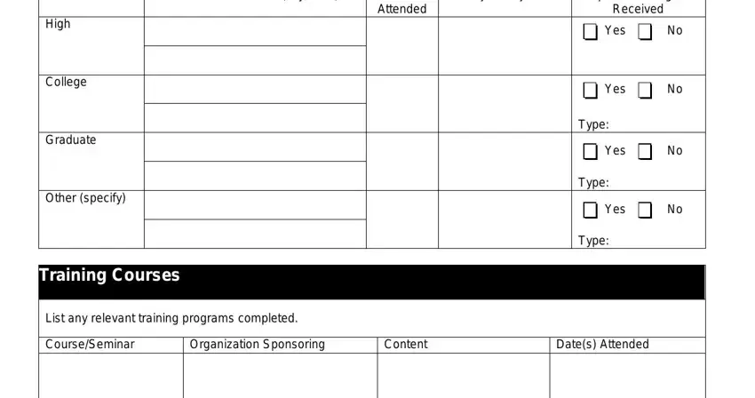 howard industries employment test Name and Location citystate, No Years Attended, Major Subjects, School, High, College, Graduate, Other specify, Diploma or Degree Received, Yes No, Yes No, Type, Yes No, Type, and Yes No blanks to fill