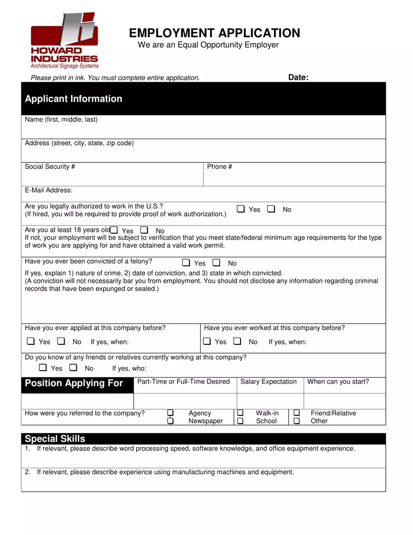 Howard Industries Application first page preview