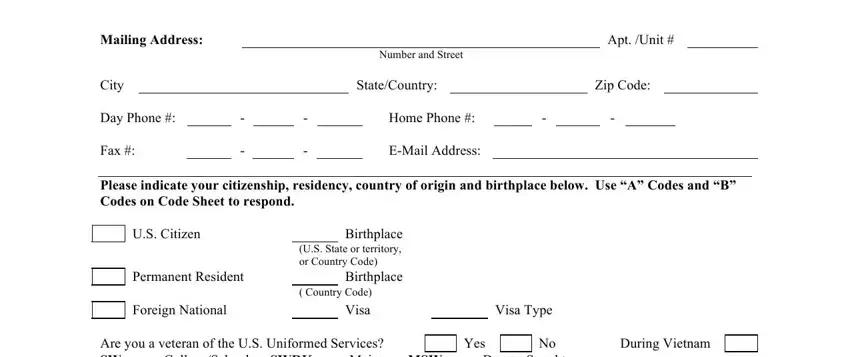 haword university application form Mailing Address, Apt Unit, Number and Street, City, Day Phone, Fax, StateCountry, Zip Code, Home Phone, EMail Address, Please indicate your citizenship, US Citizen, Permanent Resident, Birthplace US State or territory, and Birthplace blanks to fill out