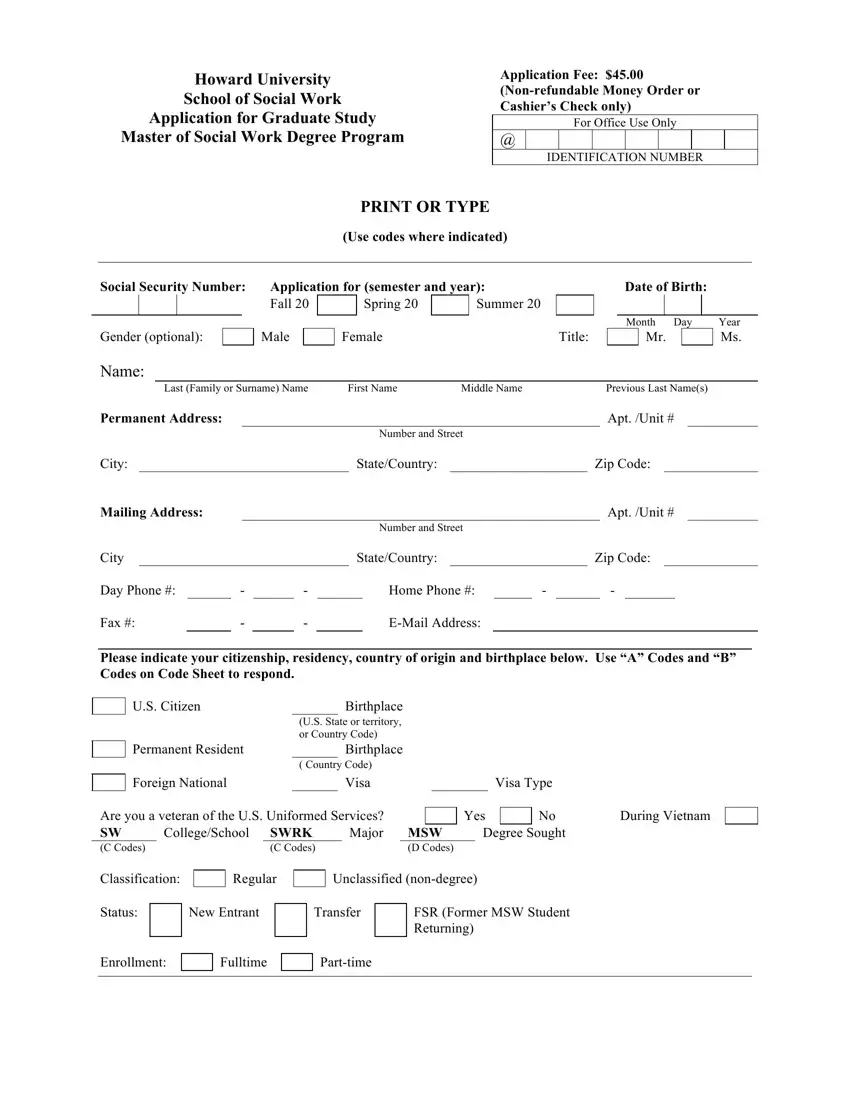 Howard University Application Form first page preview