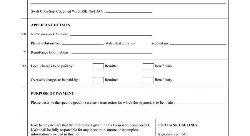 APPLICANTDETAILS, NameinBlockLetters, statewhatcurrencyaccountno, Remitter, Remitter, Beneiciary, Beneiciary, FORBANKUSEONLY, Signatureveriied, and OficerExecutiveApproval in telegraphic transfer form fill