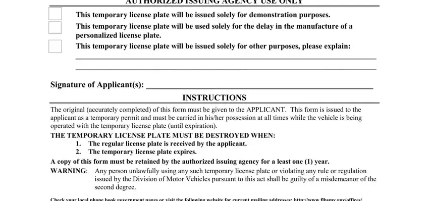 dmv forms florida AUTHORIZED ISSUING AGENCY USE ONLY, This temporary license plate will, Signature of Applicants, INSTRUCTIONS, The original accurately completed, A copy of this form must be, issued by the Division of Motor, and Check your local phone book fields to fill out