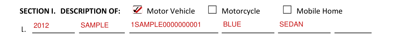 Form HSMV 84490 example filled out, section I. Description of