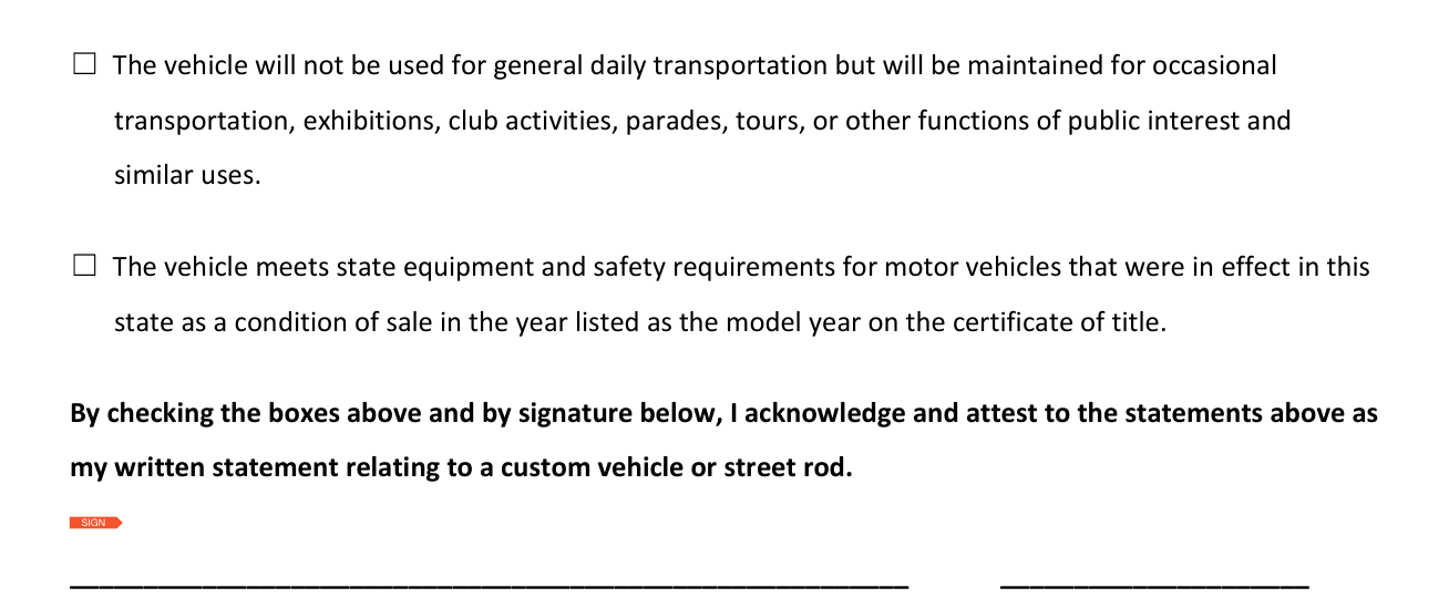 Form HSMV 84490 example filled out, section III. Custom vehicle or street rod