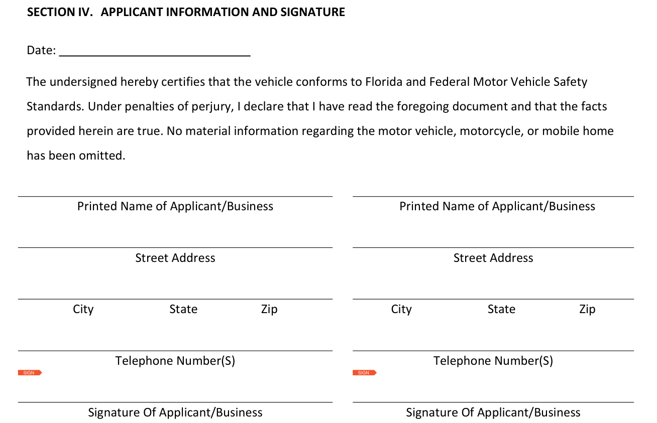 Form HSMV 84490 example filled out, section IV. Applicant information and signature