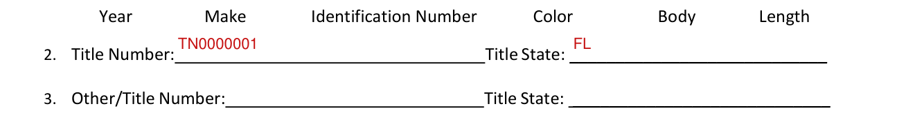 Form HSMV 84490 example filled out, title Number and Other/Title Number