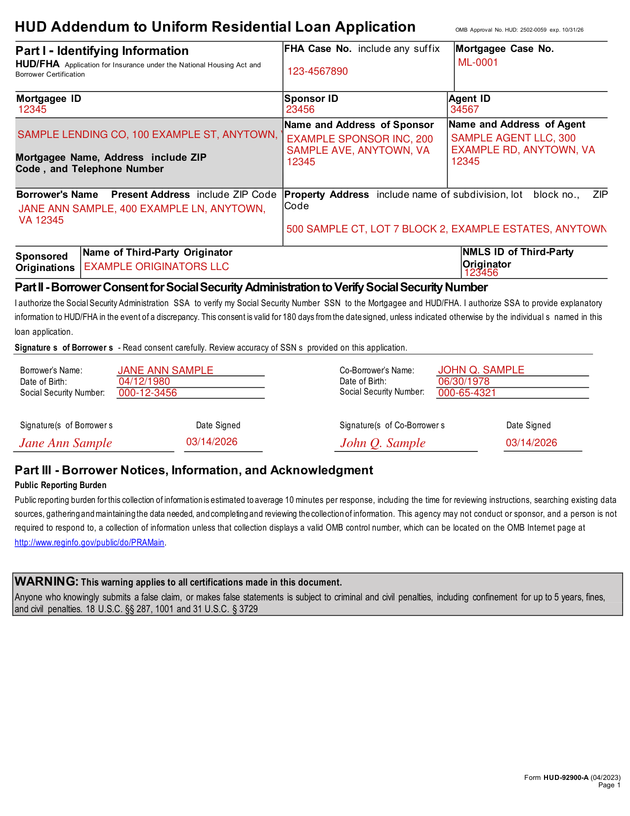 Form HUD-92900-A example filled out, example: a couple completes Part I and Part II