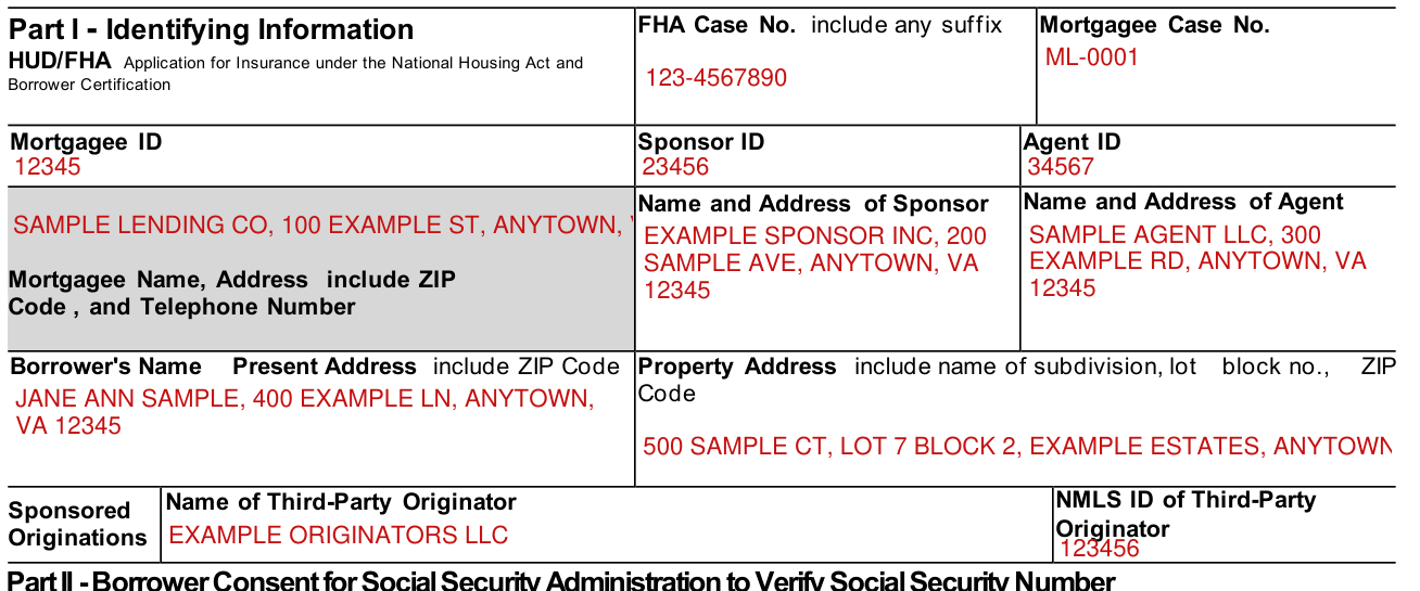 Form HUD-92900-A example filled out, part I Identifying Information