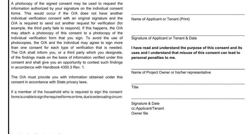 hud consent form 9887 PenaltiesforMisusingthisConsent, NameofApplicantorTenantPrint, and SignatureofApplicantorTenantDate fields to fill out