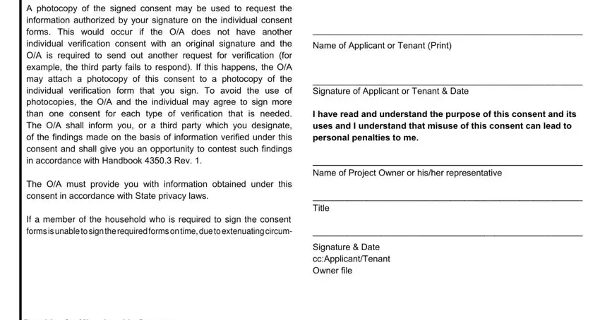 hud consent for release of information A photocopy of the signed consent, The OA must provide you with, If a member of the household who, Name of Applicant or Tenant Print, Signature of Applicant or Tenant, I have read and understand the, Name of Project Owner or hisher, Title, and Signature  Date ccApplicantTenant fields to fill out