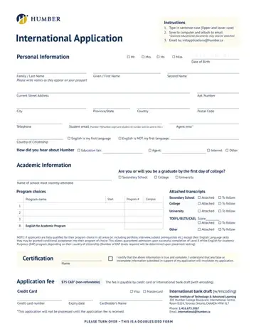 Humber College Application Form Preview