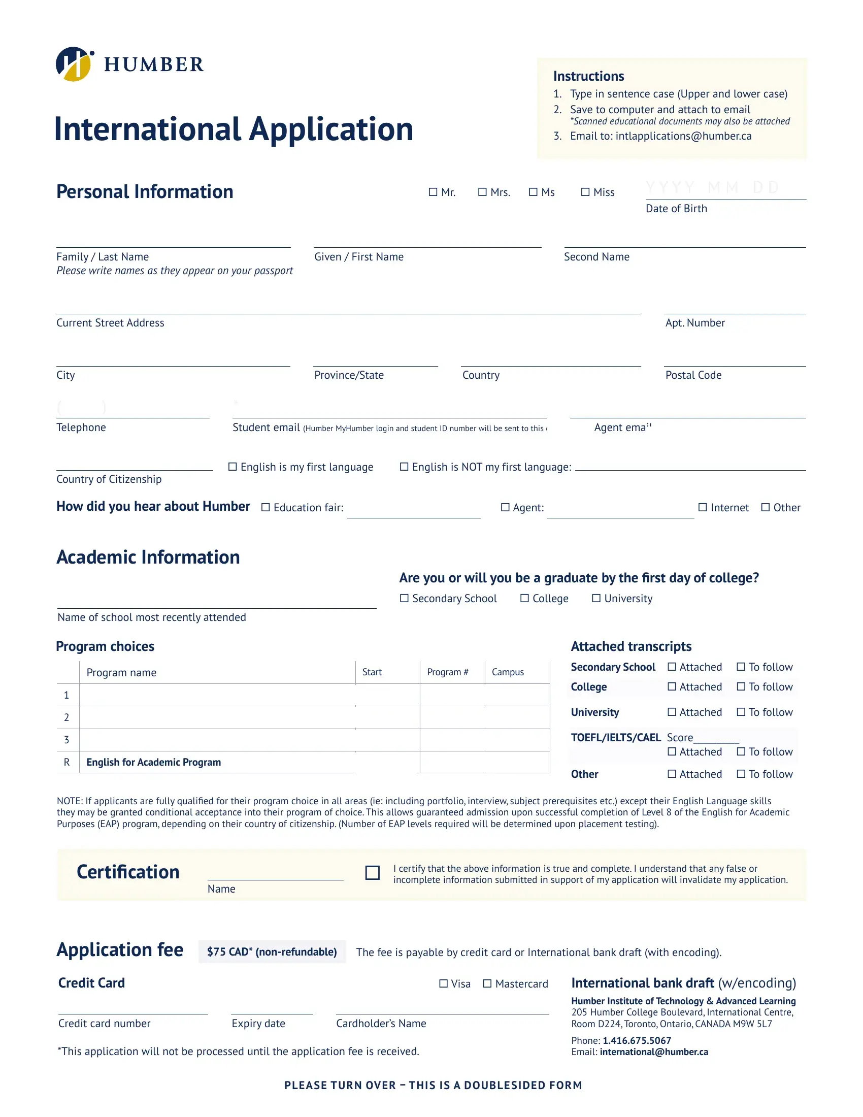 Humber College Application Form Preview