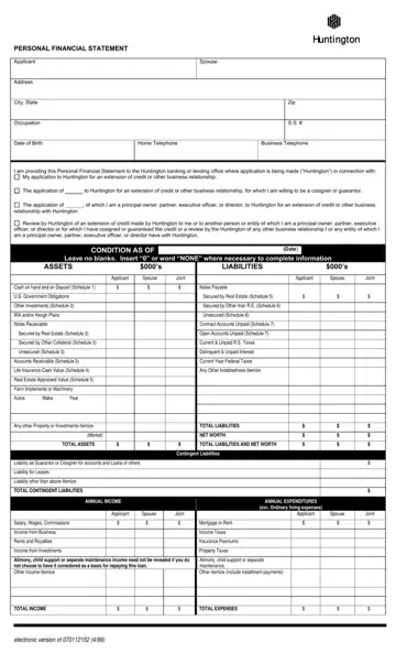 Huntington Personal Financial Statement Form Preview
