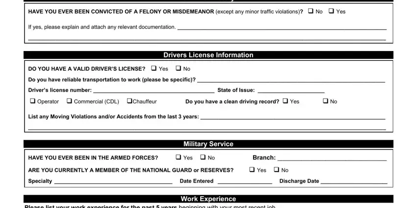 hvac employment CriminalHistory, DOYOUHAVEAVALIDDRIVERSLICENSEYesNo, DriversLicenseInformation, DriverslicensenumberStateofIssue, HAVEYOUEVERBEENINTHEARMEDFORCES, YesNoBranch, YesNo, SpecialtyDateEnteredDischargeDate, MilitaryService, and WorkExperience blanks to complete