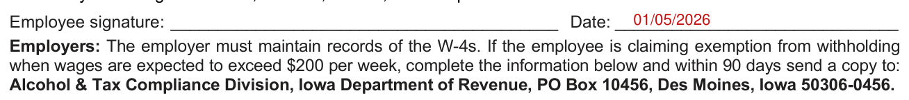 IA W-4 example filled out, employee signature and date