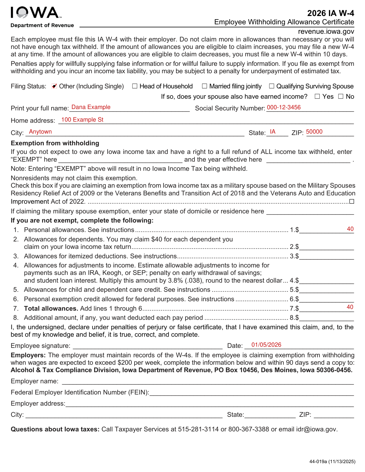 IA W-4 example filled out, example: a single employee fills out the IA W-4