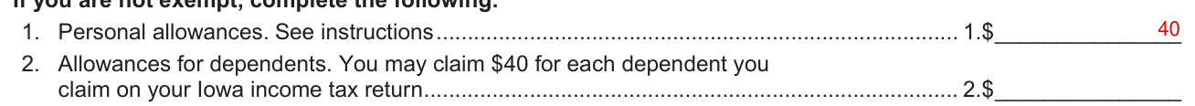 IA W-4 example filled out, personal allowances and allowances for dependents