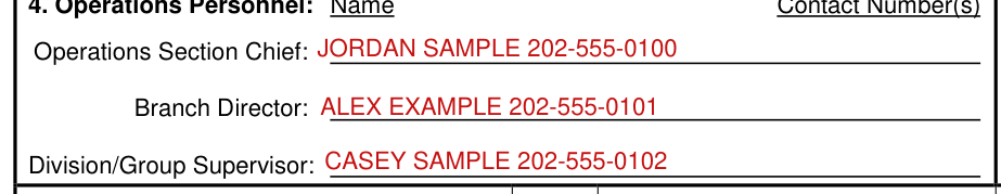 ICS Form 204 example filled out, box 4, Operations Personnel