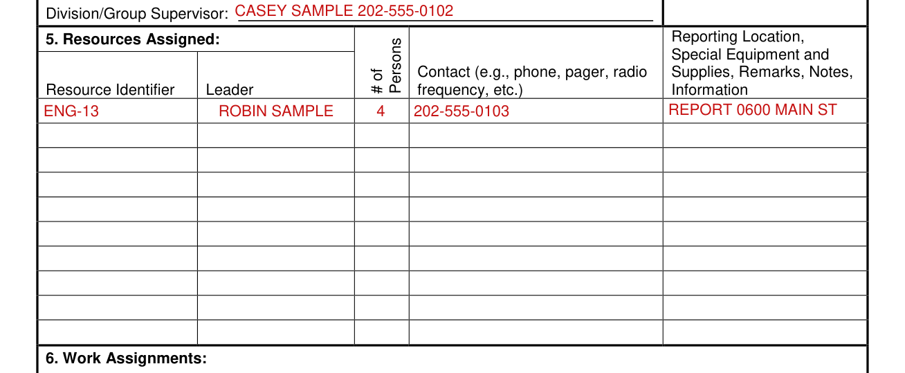 ICS Form 204 example filled out, box 5, Resources Assigned