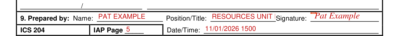 ICS Form 204 example filled out, box 9, Prepared by