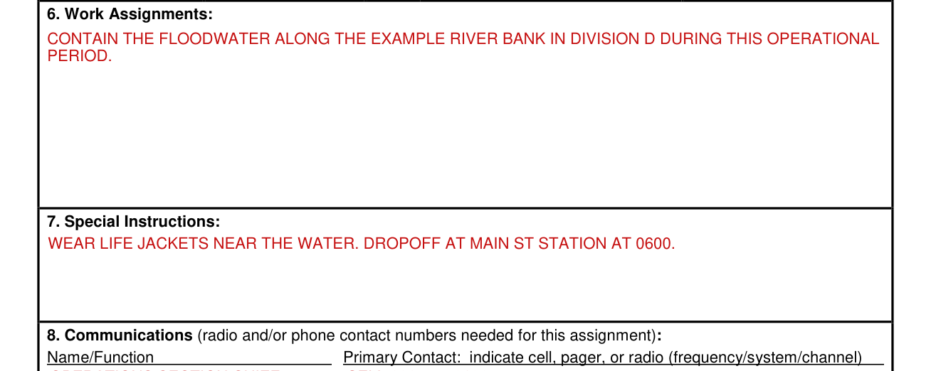 ICS Form 204 example filled out, boxes 6 and 7, Work Assignments and Special Instructions