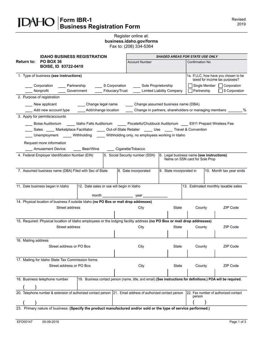 Idaho Business Registration Form first page preview
