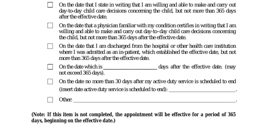 short term guardianship illinois On the date that I state in, On the date that a physician, On the date that I am discharged, On the date which is not exceed, days after the effective date may, On the date no more than  days, insert date active duty service is, Other, and Note If this item is not completed blanks to complete