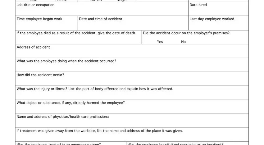 illinois form 45 pdf Male Female Job title or occupation, Married Single, Date hired, Time employee began work, Date and time of accident, Last day employee worked, If the employee died as a result, Did the accident occur on the, Yes No, Address of accident, What was the employee doing when, How did the accident occur, What was the injury or illness, What object or substance if any, and Name and address of blanks to fill