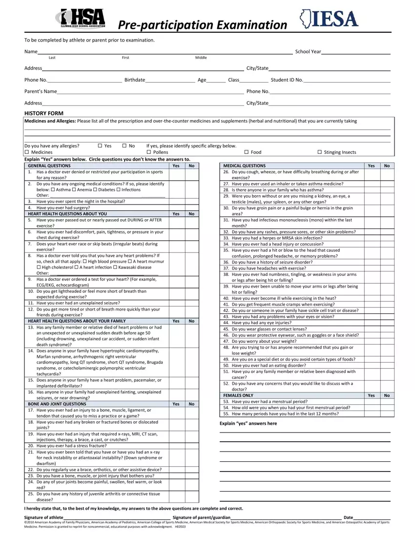Illinois Pre Participation Physical PDF Form - FormsPal