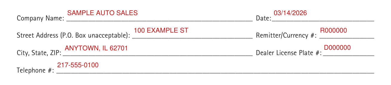 Illinois VSD 190 example filled out, company name, date and address
