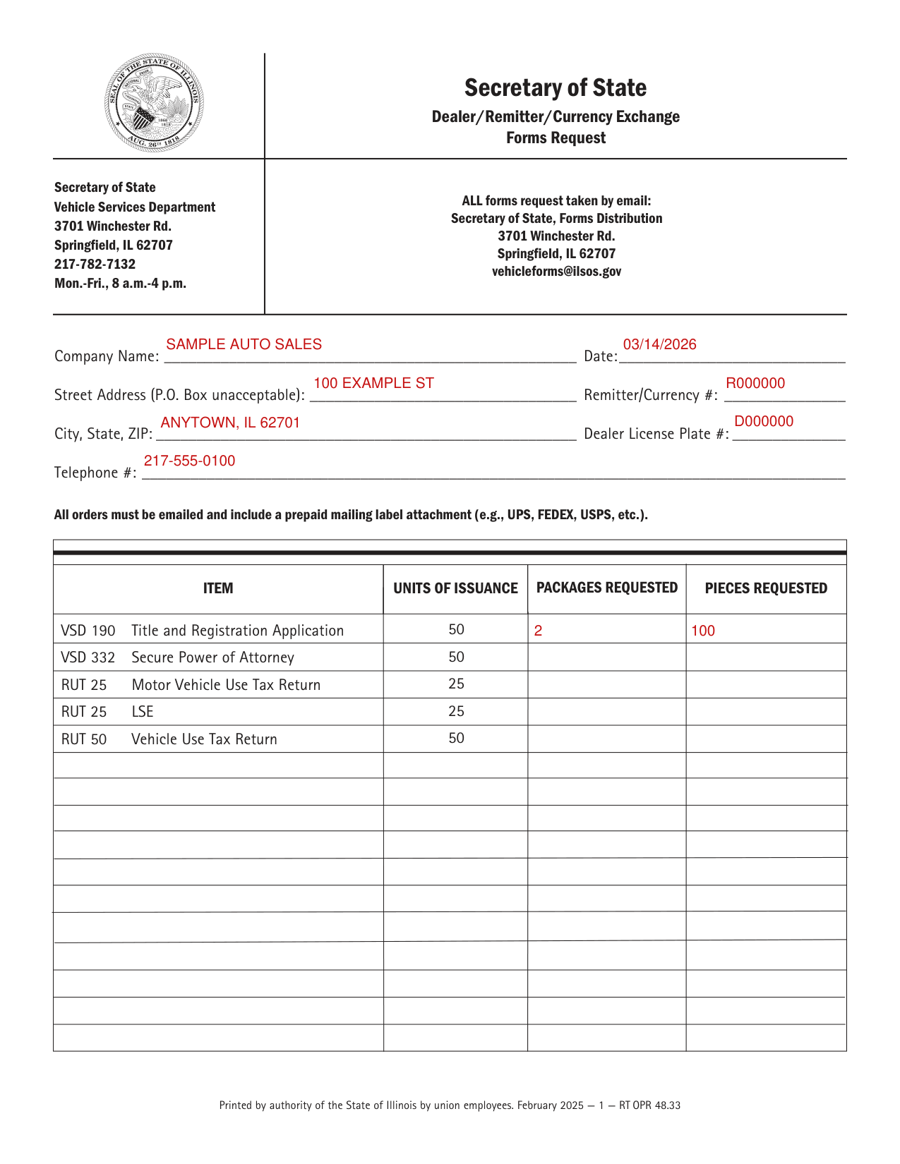 Illinois VSD 190 example filled out, example: a dealer requests VSD 190 forms
