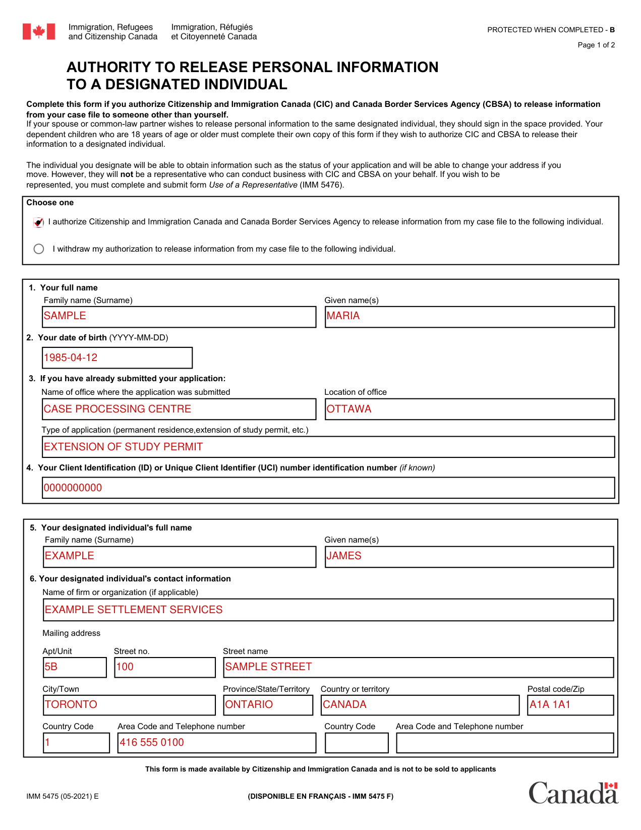 Form IMM 5475 example filled out, example: authorizing a designated individual
