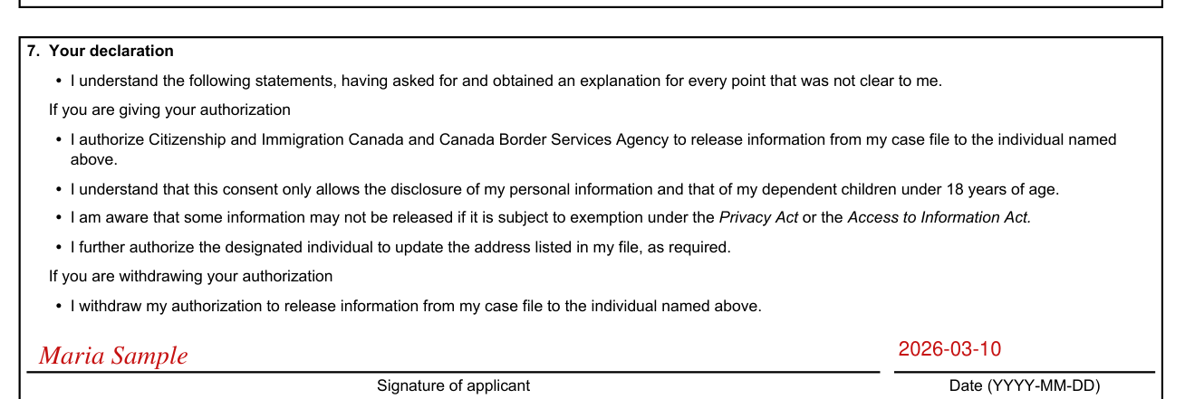 Form IMM 5475 example filled out, your declaration