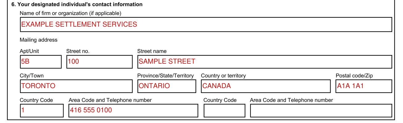 Form IMM 5475 example filled out, your designated individual's contact information