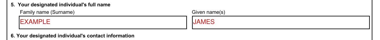 Form IMM 5475 example filled out, your designated individual's full name
