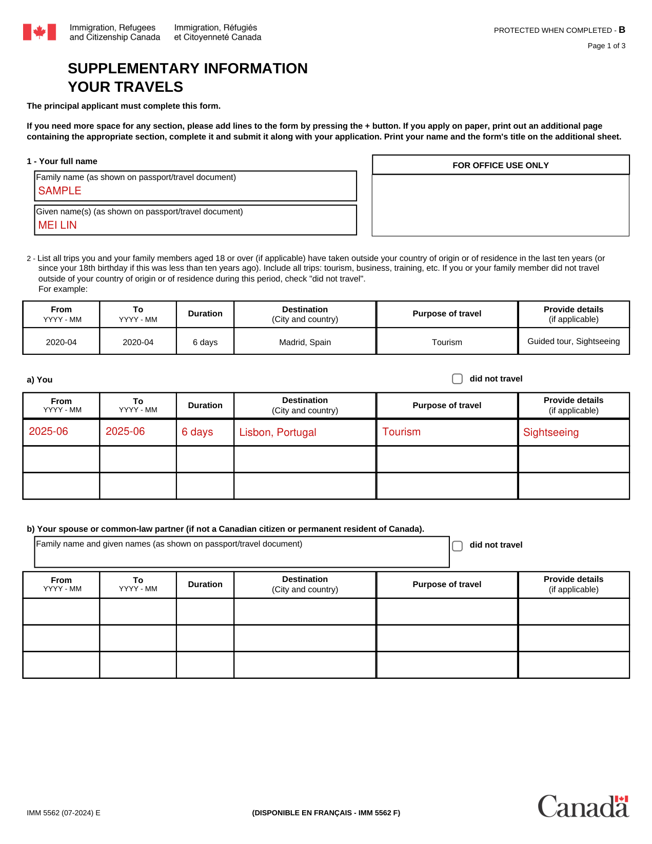 Imm 5562 example filled out, example: a principal applicant lists one trip