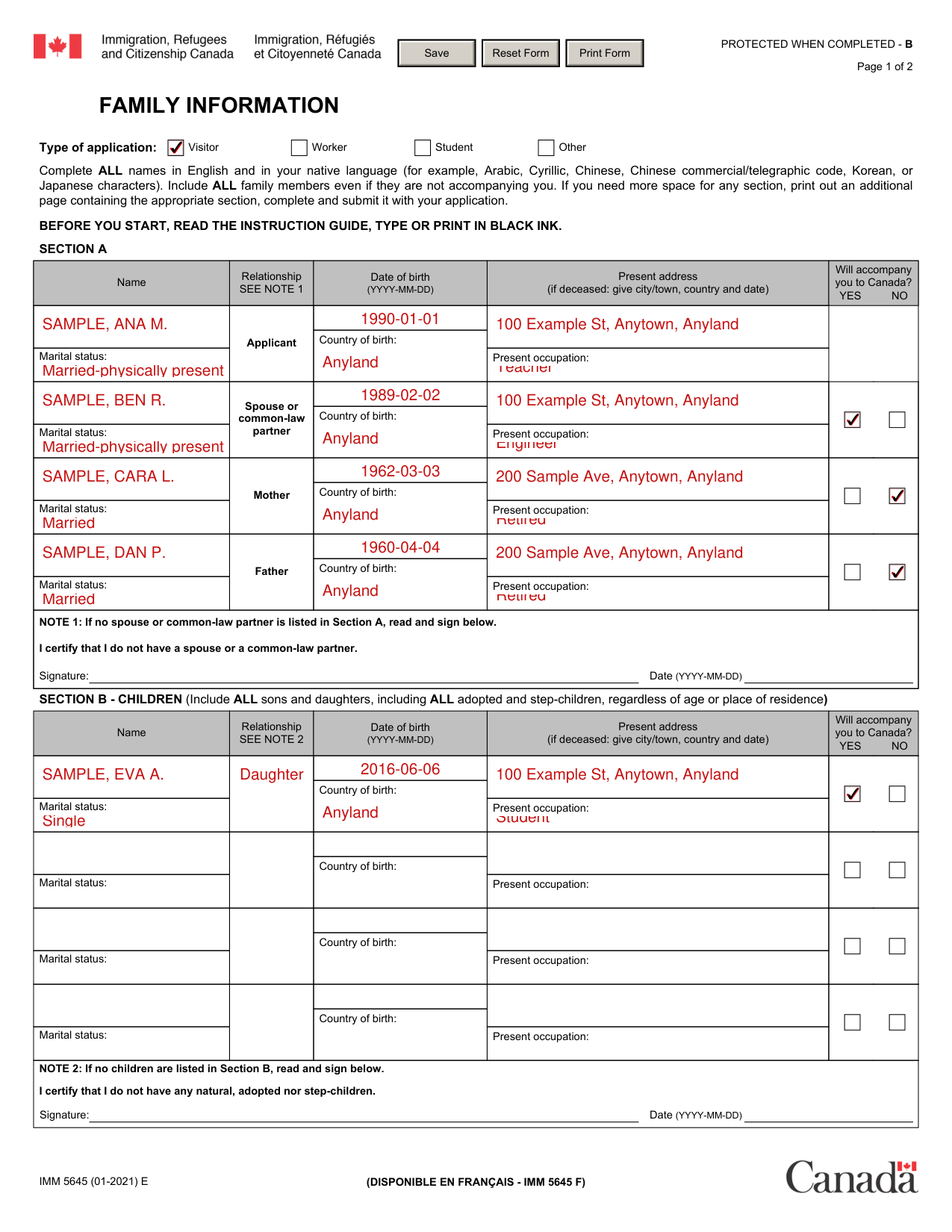 IMM 5645 example filled out, example: an applicant lists their family