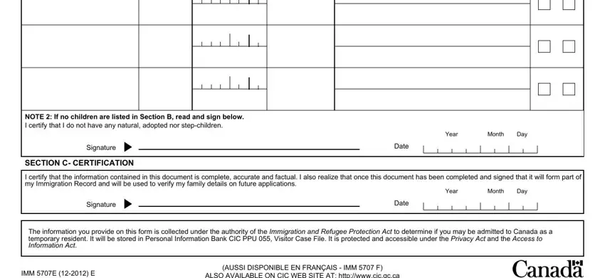 family information form imm5707 Signature, SECTIONCCERTIFICATION, Year, Month, Day, Date, Signature, Year, Month, Day, and Date fields to complete