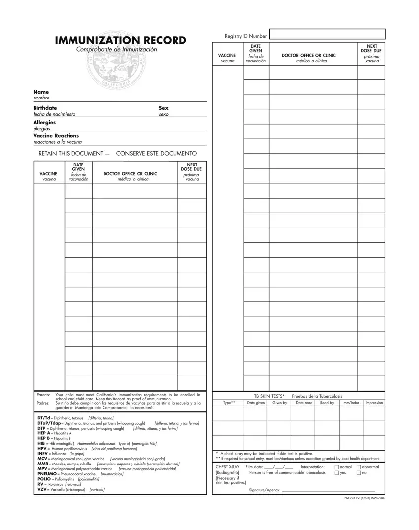 Immunization Record Form first page preview