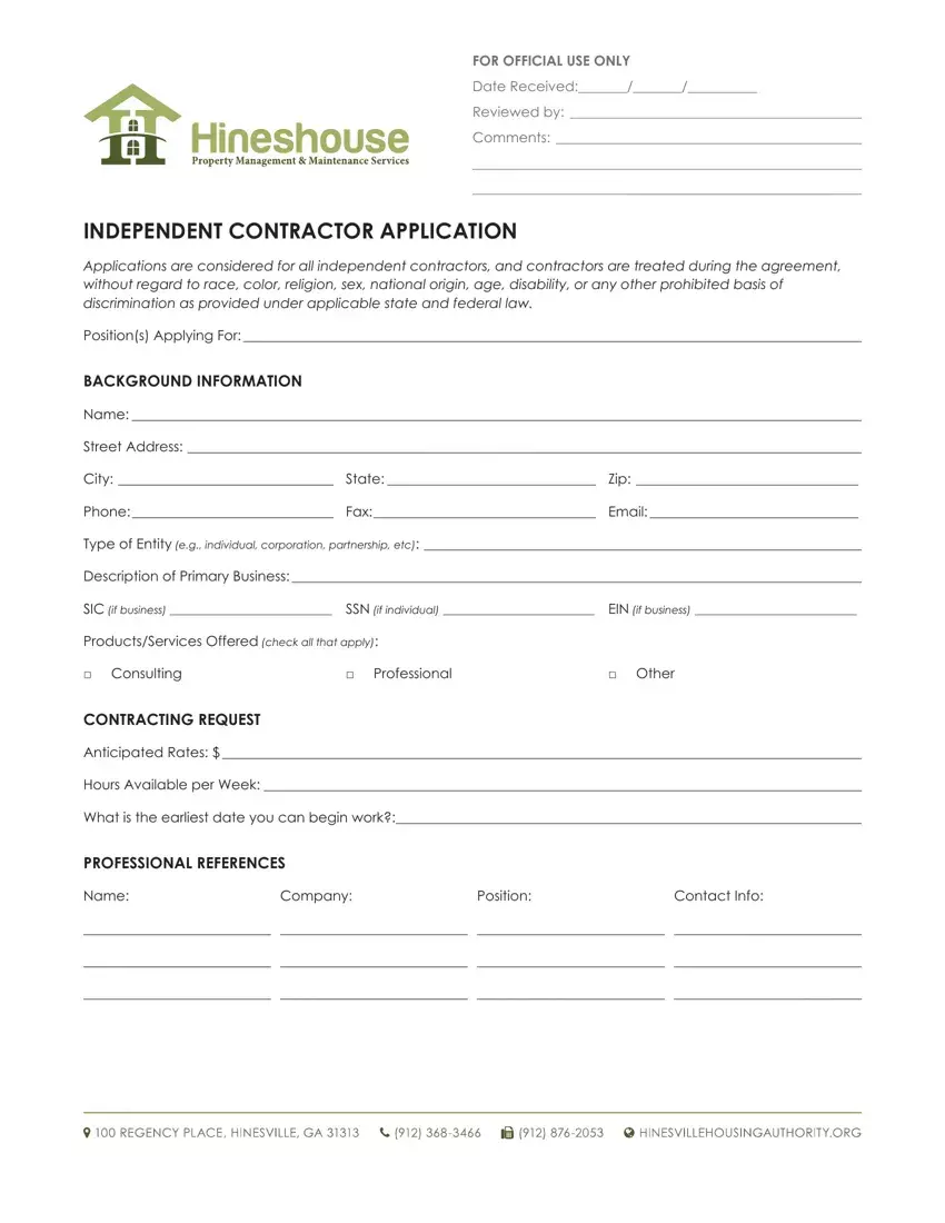 Independent Contractor Application first page preview