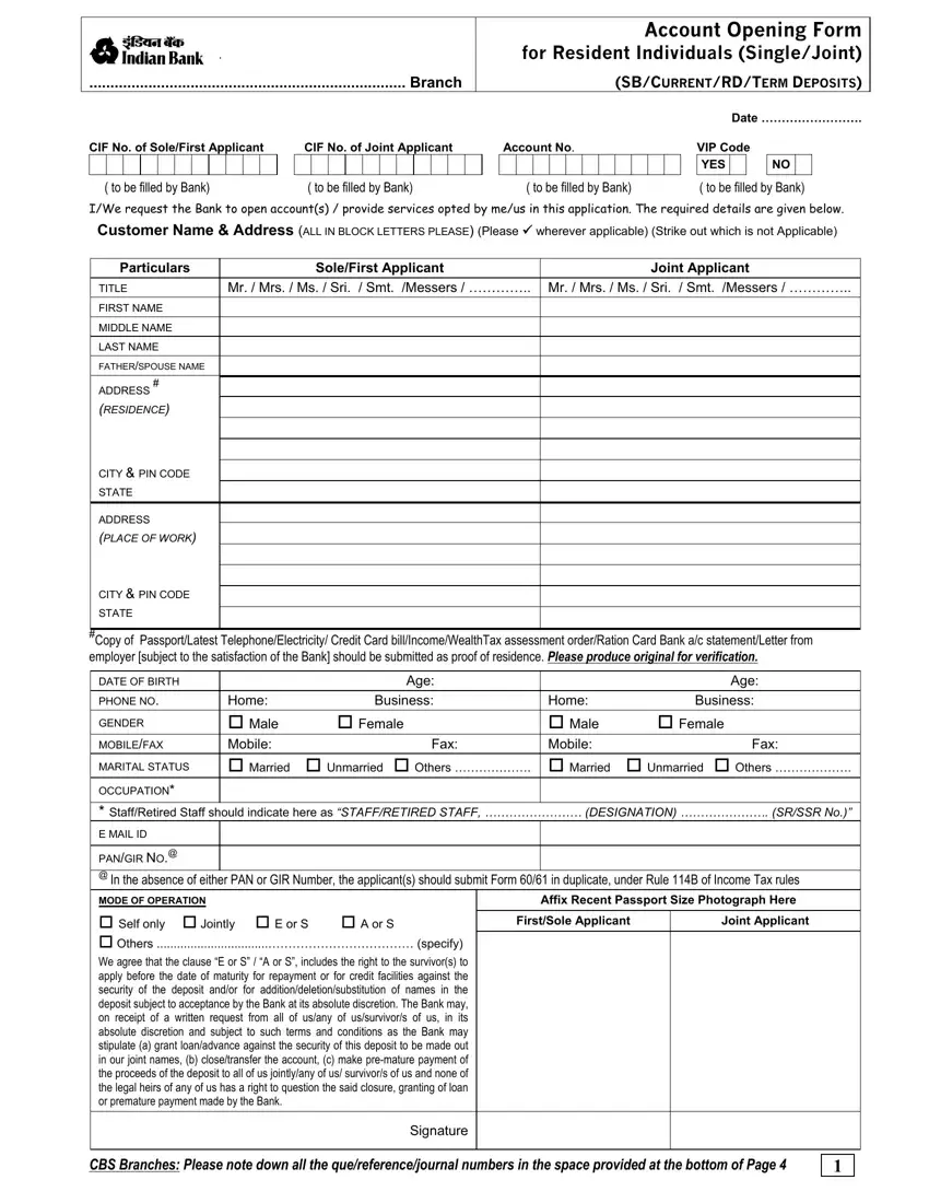 Indian Bank Account Opening Form first page preview