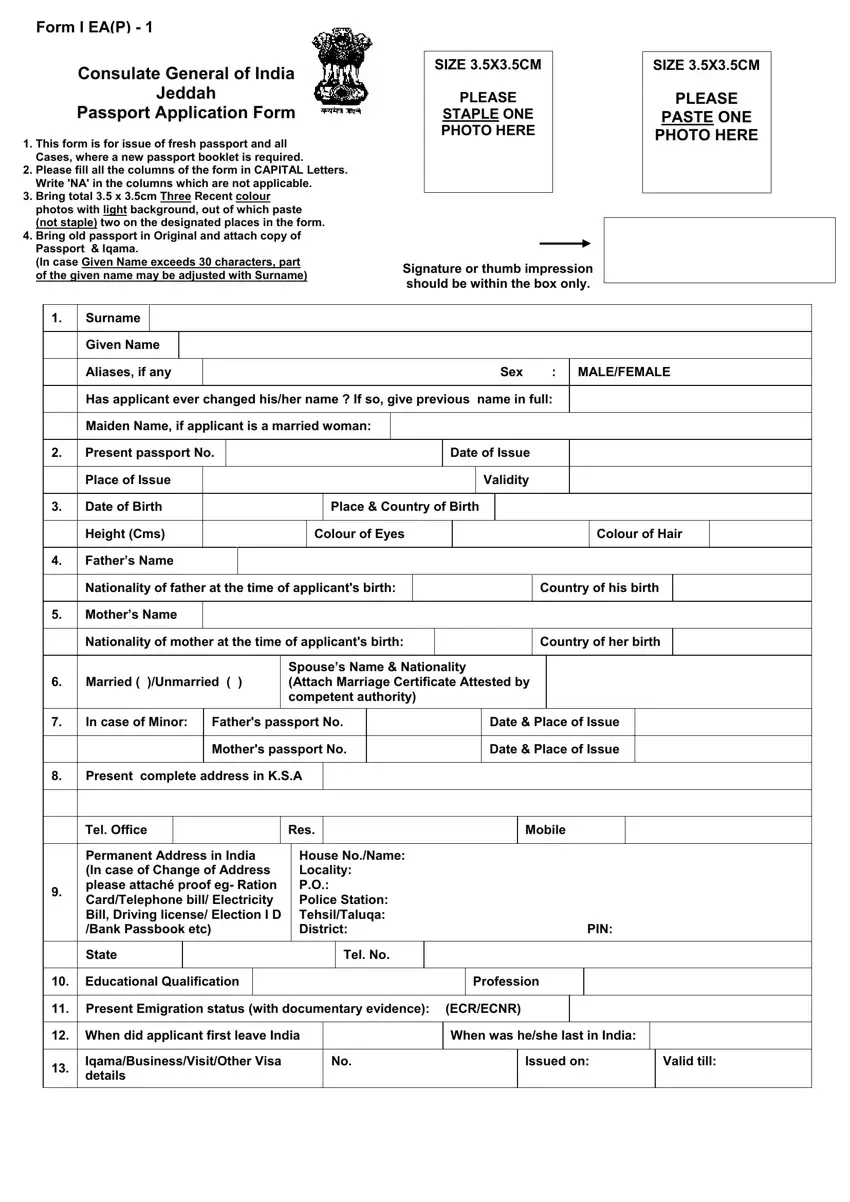 Indian Passport Renewal Form first page preview